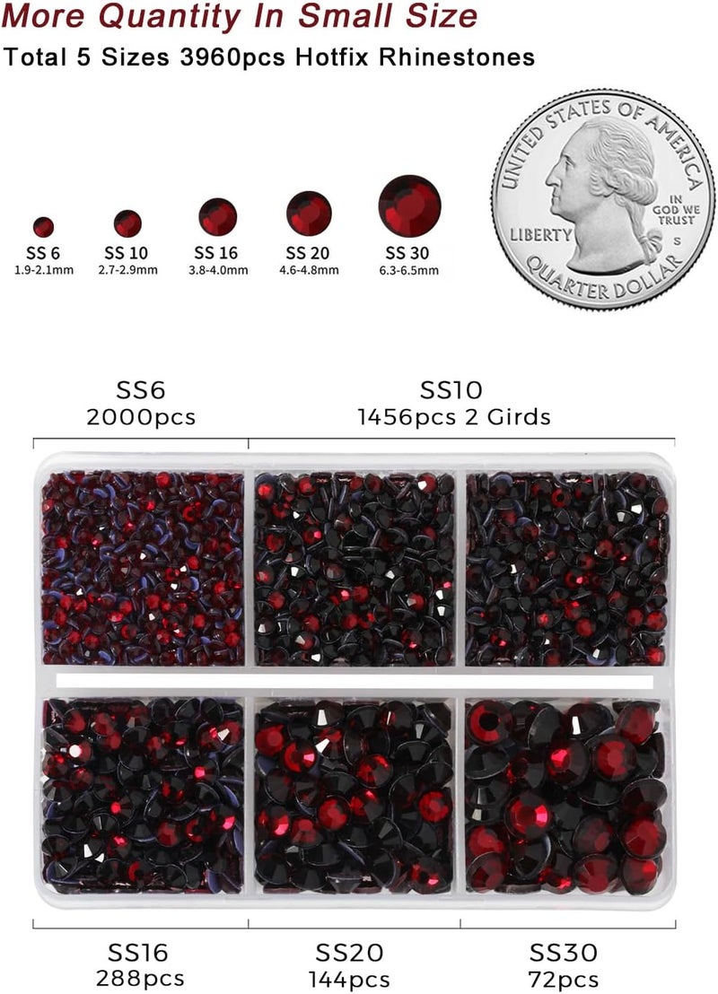 BEADSLAND Hotfix Rhinestones 3960pcs, Red Rhinestone for Clothes, Hot Fix Crystals Rhinestones with Tweezers and Wax Pencil Kit,Mixed 5 Sizes, SS6-SS30, Dark Siam - Image 4